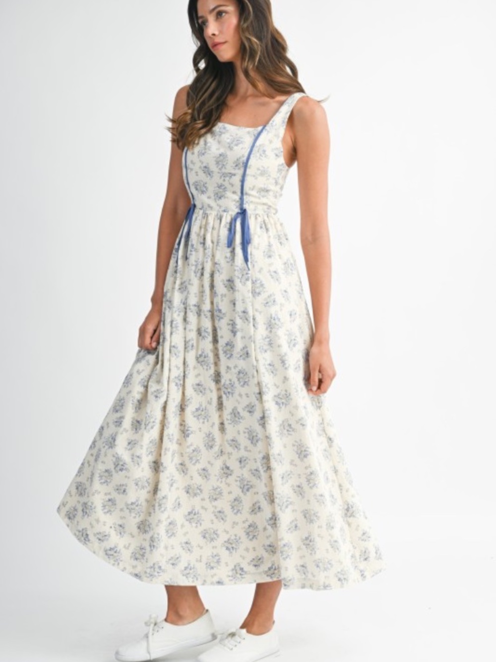 Floral Print Square Neck Contrast Pipinig Dress - Picture 4 of 8